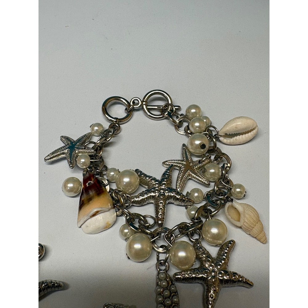 Nautical Starfish Shell Pearl Charm Bracelet and Starfish Dangle Earrings Set - Picture 5 of 9